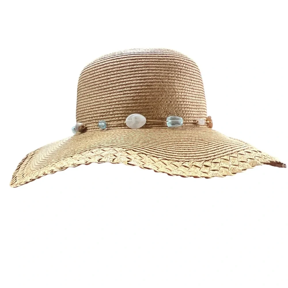 Sun N Sand Tan Straw Sun Hat Wide Brim UPF 50+ Beaded Stone Band Beach Hat Boho